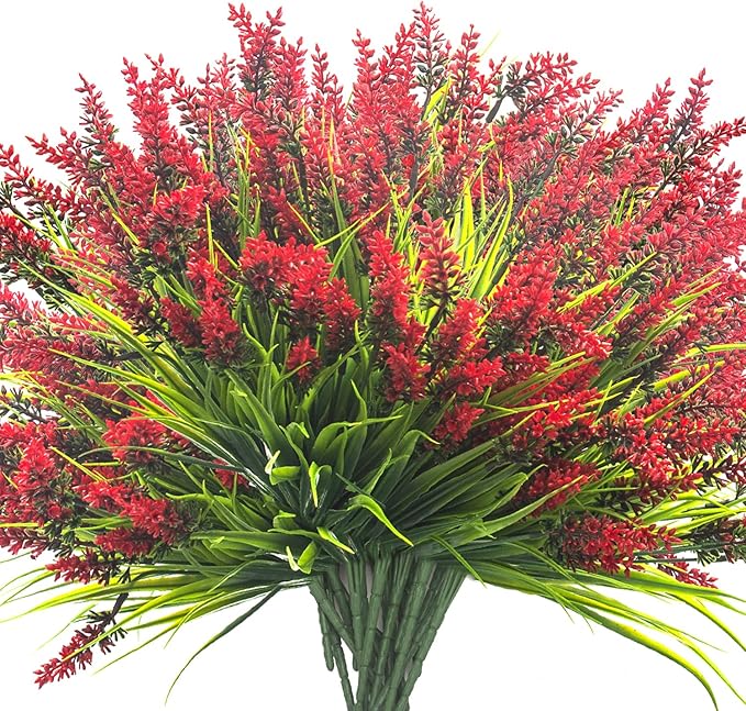 Grunyia 20 Bundles Artificial Plants Outdoor Fake Monkey Grass with Flowers (Red)