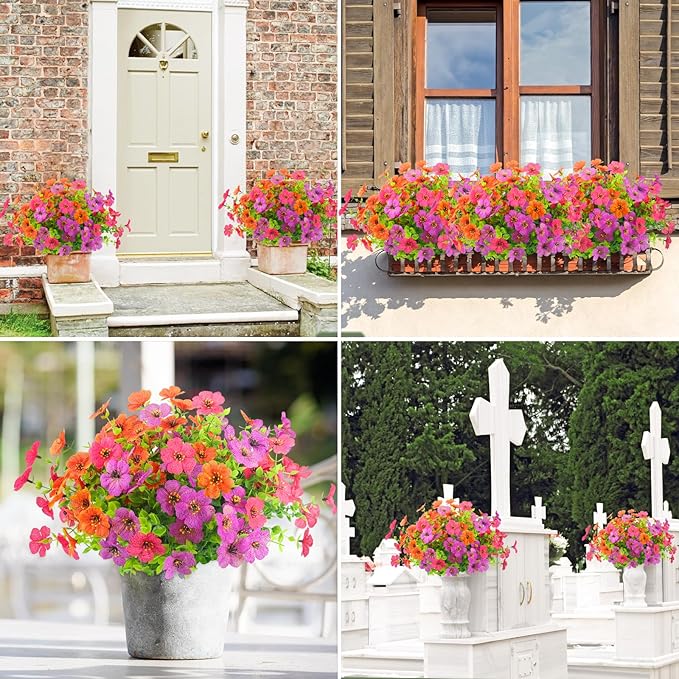 ATTGREAT Artificial Spring Flowers for Outdoors Faux Plants UV Resistant Realistic Fake Flowers Outside for Garden Planter Porch Home Decor, 6 Bundles (Multicolor)
