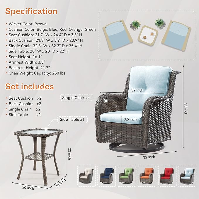 Joyside 6 Piece Wicker Patio Furniture Set, Outdoor Swivel Rocker Patio Chairs with High Back, Deep Seating, Wide Armrest, Thickened Cushions, Outdoor Furniture for Deck, Porch Use