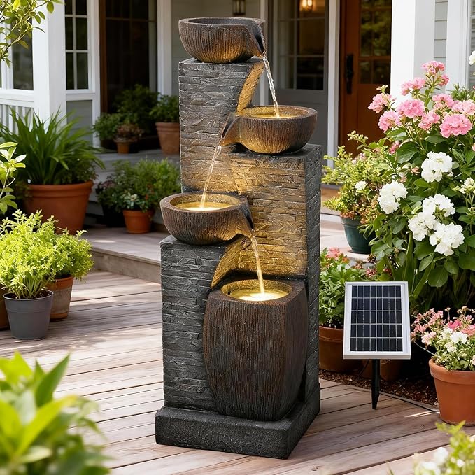 Solar Water Fountain Outdoor Garden, 38.2" Tall Stone Texture Modern Outdoor Fountain with 4 Tiers Cascading Bowls and Pump Solar Panel for Patio, Deck, Porch, Backyard Home Decor