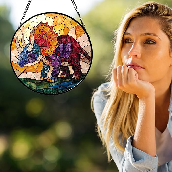 Stained Glass Window Hanging - Triceratops Abstract Dinosaur Suncatcher for Door Terrace Garden Home Decor, Orange Red Sun Catcher Birthday Gifts for Lovers Women Men Dad Mom Nana 6.3 in