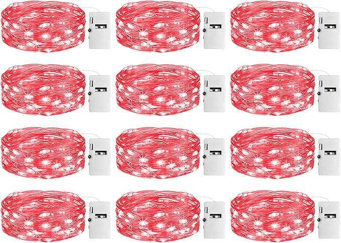 12 Pack Fairy Lights with Timer Battery Operated, 3 Modes 7ft Mini Twinkle Lights Waterproof, 20 LED Bulk String Light for Mason Jars Christmas Decoration Wedding Table Centerpieces,Red