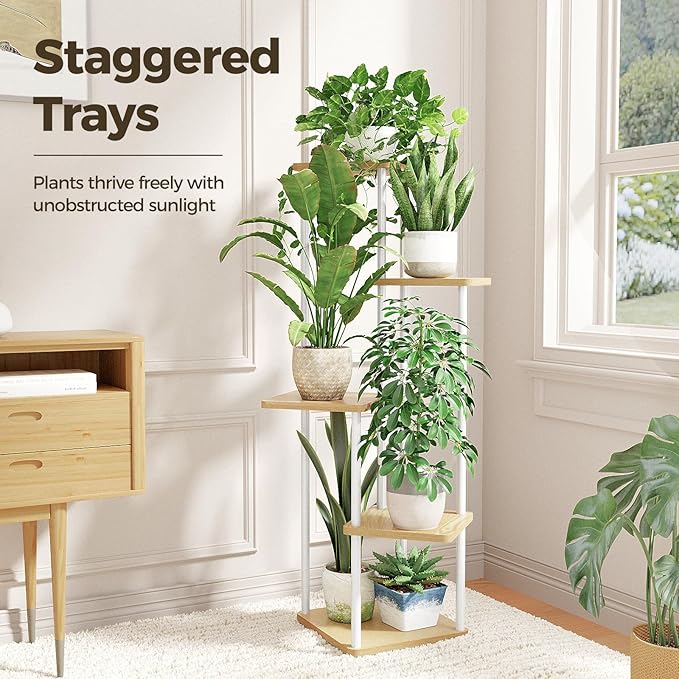 Bamworld White Plant Stand Indoor 5 Tier Plant Shelf for Multiple Plants Corner Flower Stand Metal Wood Plant Table for Patio Garden Balcony Living Room Bedroom