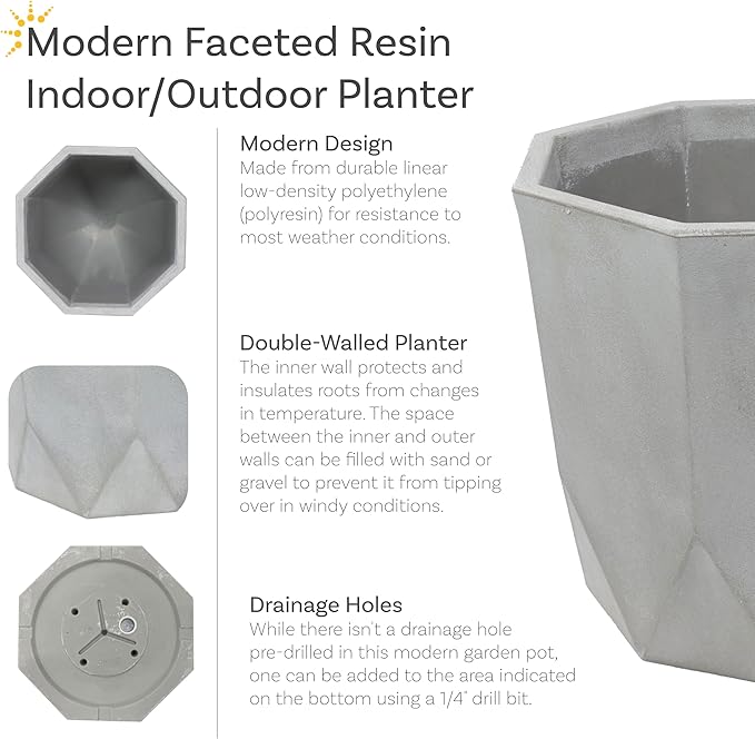 Sunnydaze Modern Faceted 14.75" Polyresin Geometric Planter - Flower Pot for Indoor or Outdoor Use - Light Gray