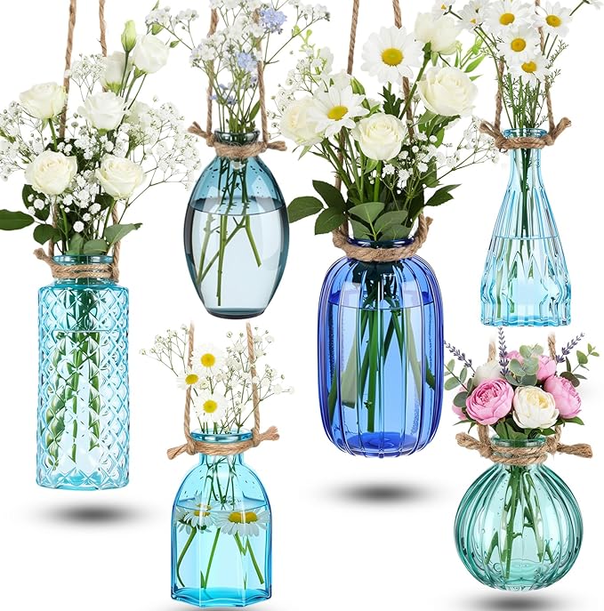 Teecyhooo 6 Pcs Stained Glass Hanging Vases Colorful Glass Terrariums with Rope Small Hanging Planters Pot Containers for Air Plants Flowers Garden Home Wedding Decor(Blue Series)