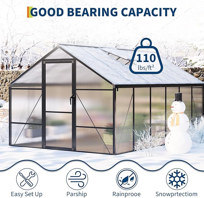 8x12 FT Greenhouse for Outdoors, Polycarbonate Greenhouse with Roof Vent, Ground Nails, Lockable Push Door, Aluminum Large Walk-in Green House for Outside Garden Backyard, Patio, Lawn, Black