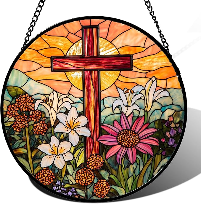 JOSUMALY Christian Gifts for Women - Cross Stained Glass Window Hanging Easter Flower Sunset Landscape Sun Catcher Garden Religion Decor Mother's Day Catholic Gift for Men Grandma Mom Her Nana 9.8"