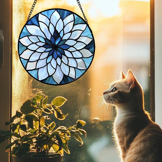 AMDERVEN Stained Glass Suncatcher, Blue White Multi-Petal Flowers Sun Catcher Landscape Stain Glass Window Hanging Decoration Mother's Day Birthday Gifts for Women Men Mom Nana 11.8 in