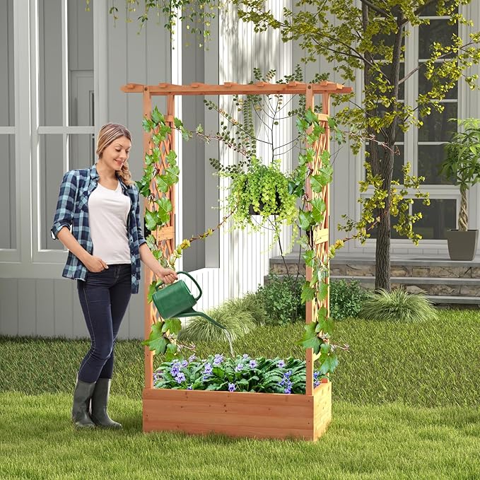 HAPPYGRILL 72" Raised Garden Bed with Trellis, Freestanding Wood Planter Box w/Hanging Roof & 2 Drainage Holes for Vine, Climbing Plants, Flowers, Outdoor Planter w/Trellis for Garden, Patio, Yard