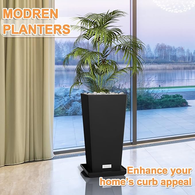Elevens Outdoor Planter Larger Flower Pots Indoor Taper Garden V-Shape Tall Planters 27 inches Garden Pots Planter - Black（2 Packs） (A-GE01001-01)