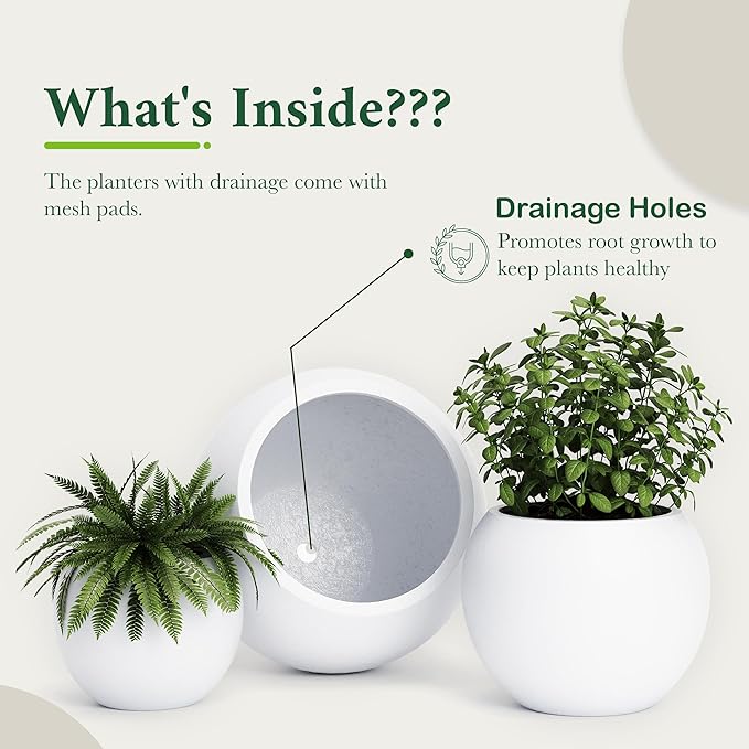DTY Signature Mount Sherman 12.6''D x 9.8''H Modern Indoor Outdoor Fiberstone Sphere Planter, Durable Round Garden Pot, Weather Resistant, Drainage Hole & Rubber Plug - Small, White