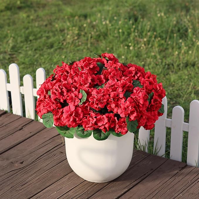 Juxdp 18" Artificial Geraniums Topiary for Front Porch Decor,Faux Silk Flowers Bushes UV Resistant Potted Plants for Outdoor Indoor Door Offices Garden Farmhouse Home Decor (Red)