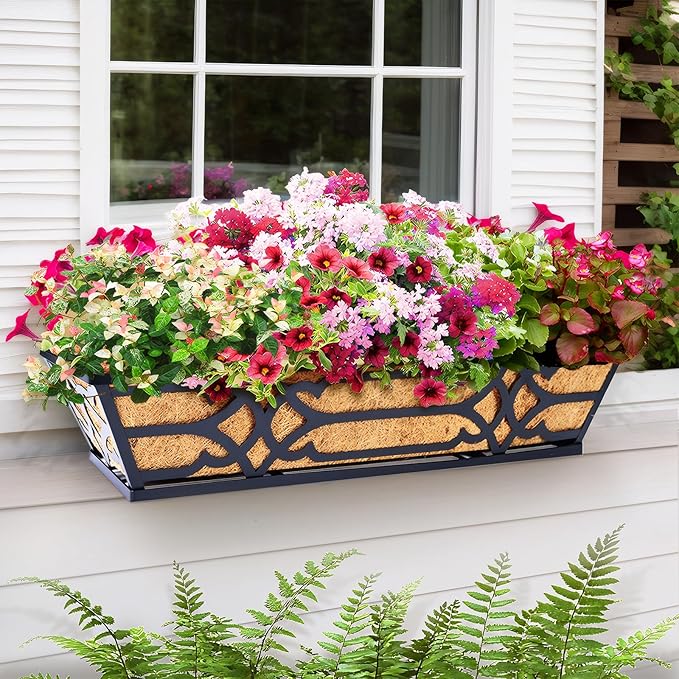 Railing Planter Box, Window Planter Boxes Outdoor 2 Pack 24 Inch Hanging Planter with Adjustable Bracket for Porch, Fence Flower Baskets with Coco Liners