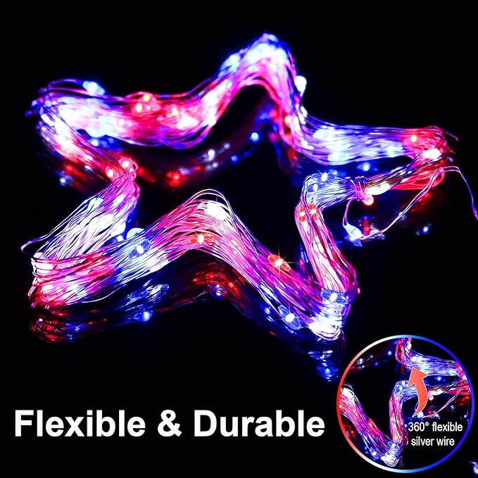 YAOZHOU 4th of July Patriotic Decorations,Red White Blue Solar Fairy String Lights Outdoor Waterproof, 2Pack Total 200LED 66Ft,IP67 8 Modes Outside Memorial Day for Garden,Patio, Yard