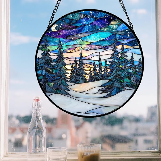 DASTOLL Stained Glass Window Hanging, Starry Sky Trees and Snow Sun Catchers Glass Panel Blue Suncatcher Decor for Birthday for Women, Men, Wife, Aunt, and Mom 14.9x14.9 in