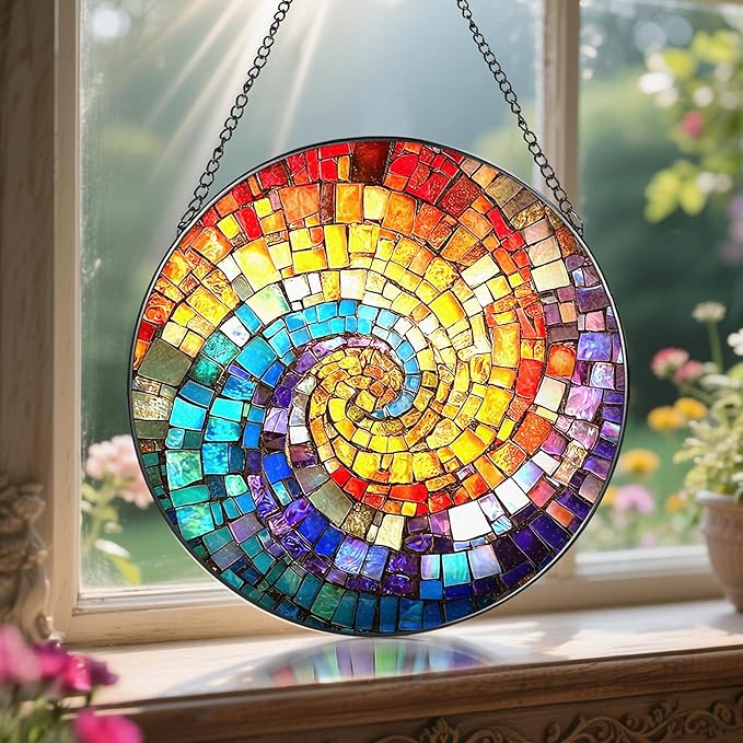 LAOWEIKI 8'' Rainbow Spiral Suncatcher Ornament, Stained Glass Window Hanging, Sun Catchers for Windows Hanging Ornaments, Window Decor, Ideal Gift | Gifts for Art Lovers, Friends, Family
