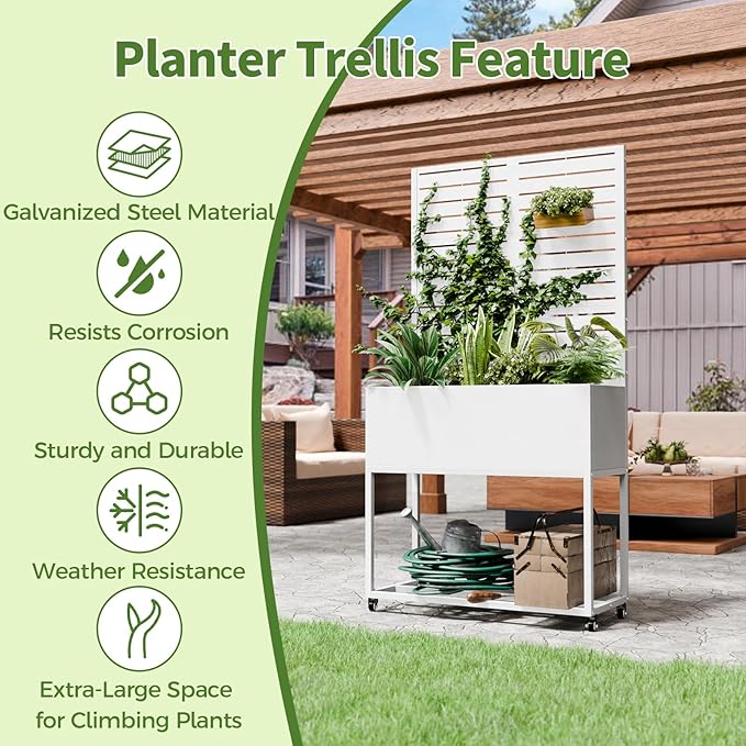 Metal Planter Box with Trellis,67" H x35 W Raised Garden Beds with Privacy Screen for Climbing Plants Flower, Elevated Standing Planter Garden Bed with Drainage Holes for Outdoor Patio,White