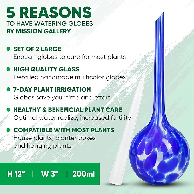 Mission Gallery Plant Watering Globes Set of 2 - Large Self Watering Globes for Indoor & Outdoor Plants - Multicolored, Automatic, Glass Watering Bulbs for Daily Use, Plant Watering Devices