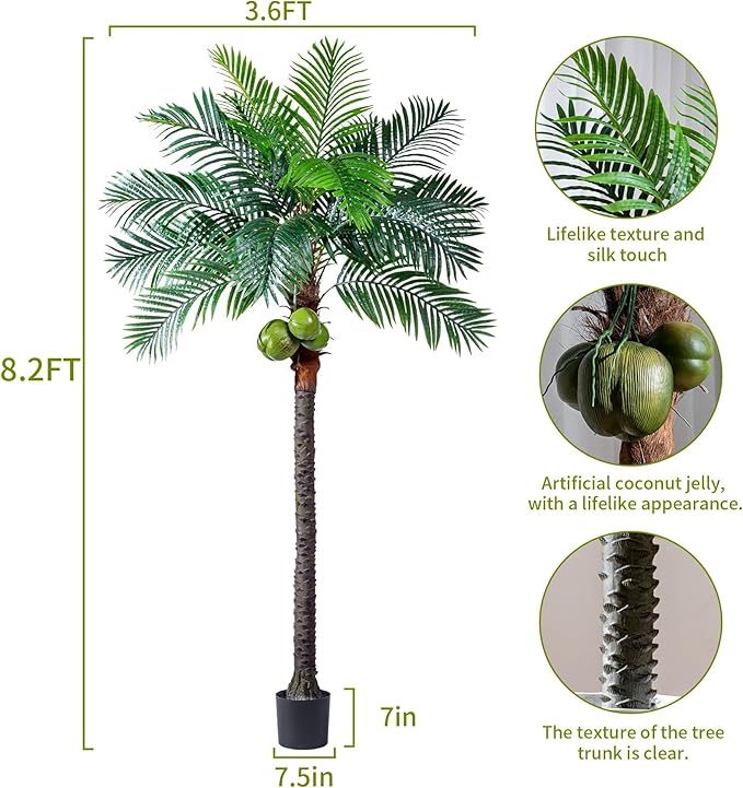 Erimda 30-Year Factory Faux Coconut Tree - 8.2FT Faux Palm Tree Realistic Thick Trunk & Heavy Duty Leaves, Hand-Carved Bark Texture, Indoor Tropical Decor for Living Room/Store, No Shiny Plastic Look