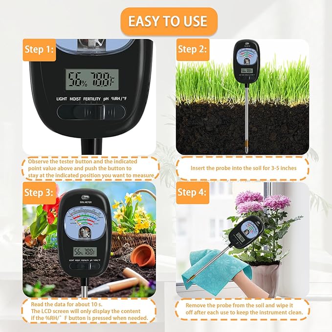 7-in-one Soil Test Kit, Soil Moisture Meter/PH Meter/Sunlight Intensity/Fertility Soil Tester, LCD display Air & Soil Hygrometer Temperature for Garden, Farm, Lawn Care Moisture Meter for Hous Plants