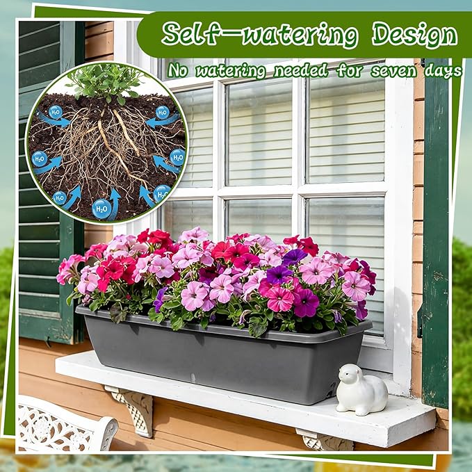 8 Pack 24 Inches Plastic Flower Window Box Planters with Water Absorbing Net Drainage Holes & Visible Water Level Window, Rectangular Vegetable Flower Pots for Indoor Outdoor Garden(Gray)