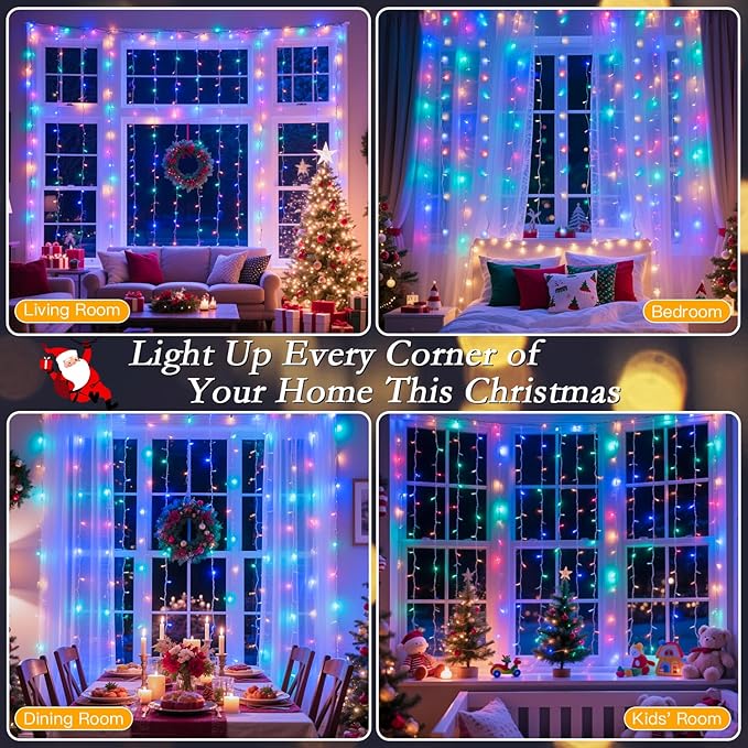 300 LED Rainbow Curtain String Lights 9.8 * 9.8FT Plug in Fairy with Timer and 8 Modes, Waterproof Window Wall Lights for Bedroom Wedding Party Indoor Outdoor Christmas Decor