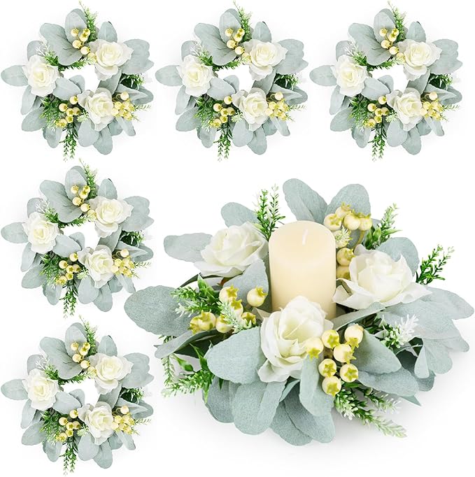 6 Pcs Wedding Rose Candle Rings Swag Wreath Artificial Floral Wreaths with Lamb Leaf Flower Candle Rings Candleholders Garland for Pillar Centerpiece Party Table Wall Window Farmhouse Decor