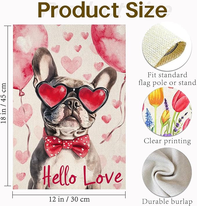 Valentine's Day French Bulldog Hello Love Garden Flag, House Yard Plaid Love Heart Outside Decoration, Spring Holiday Wedding Anniversary Outdoor Small Decor 12x18(12625)
