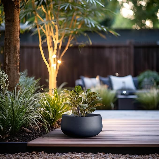 Kante 15.7" Dia Round Concrete Planter, Cement Plant Pots with Drainage Hole and Rubber Plug for Outdoor Indoor Garden Home, Modern Curvaceous Design, Dark Gray