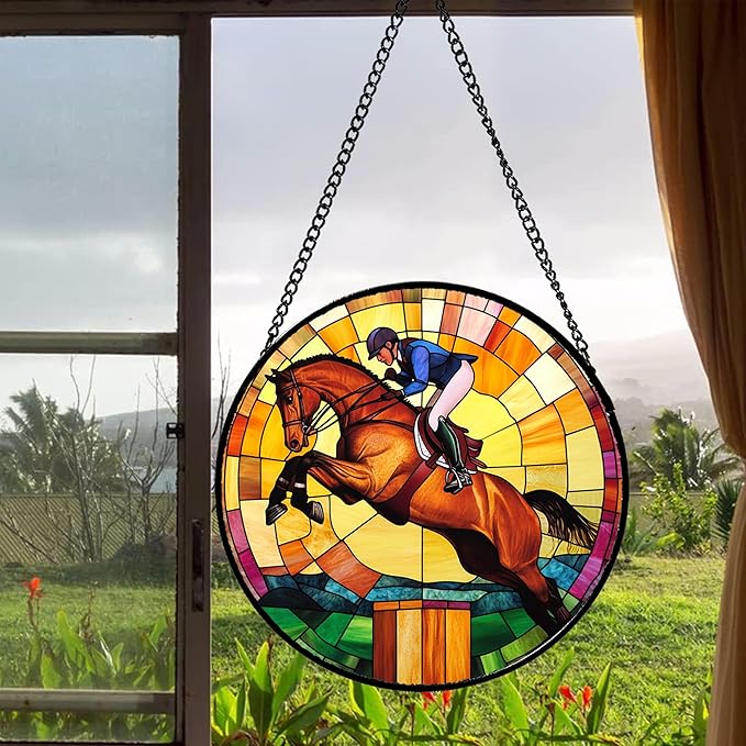 Stained Glass Window Hanging Equestrian Sports 9.8" - Horse Suncatcher Door Garden Sunroom Sun Catcher Home Decor Birthday Christmas for Mom Men Woman Nana