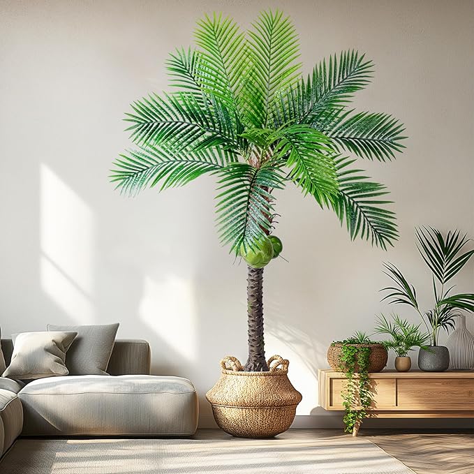 Erimda 30-Year Factory Faux Coconut Tree - 6FT Faux Palm Tree Realistic Thick Trunk & Heavy Duty Leaves, Hand-Carved Bark Texture, Indoor Tropical Decor for Living Room/Store, No Shiny Plastic Look