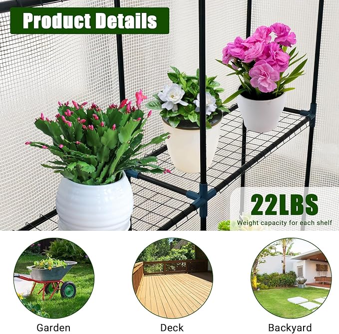 Walk-in Greenhouse for Outdoors, Small Green House Outdoor with 3-Tier Shelves, Roll-Up Zippered Door & Mesh Window, All-Season Plant House for Vegetables Herbs Flowers for Patio Backyard Gardening