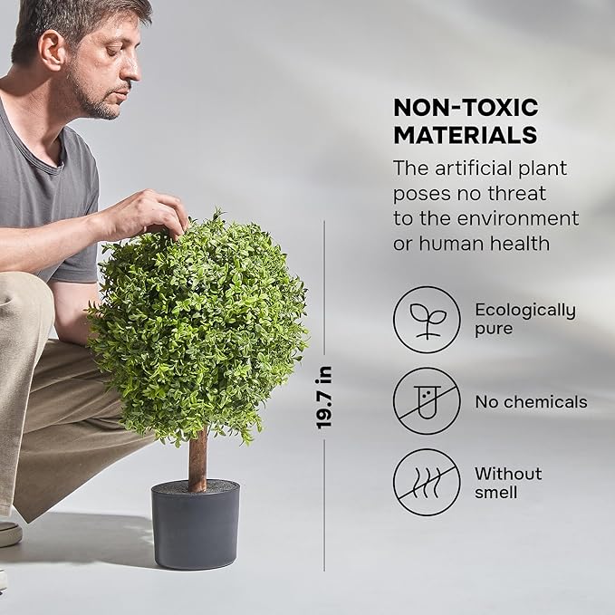 Artificial Plants Indoor Outdoor - Set of 2 Topiary Boxwood Trees – 24” High Pre-Potted Faux Trees - Plant Decor for Front Porch Home Office - Topiary Ball