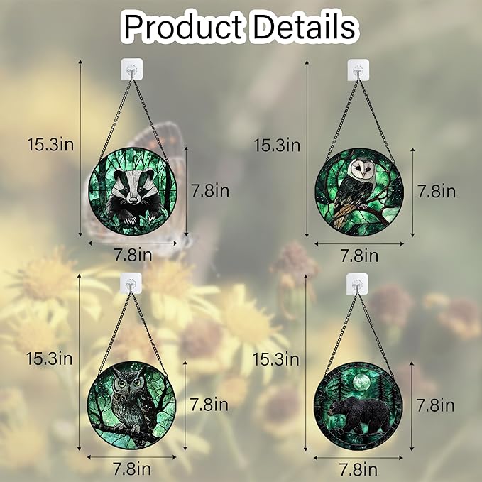 DASTOLL Stained Glass Window Hanging 4 Pcs Set Green Forest Night Sky Wildlife 7.8" - Suncatcher Door Garden Sun Catcher Decor Birthday for Mom Woman Nana Men Friend