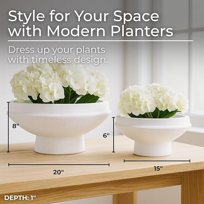 Set of 2 Decorative Planter Pots – Resin Cement Fiberglass Plant Holders with Contemporary Shapes – Indoor Outdoor Modern Garden Pots for Living Room, Entryway, or Patio – 8" & 6", White