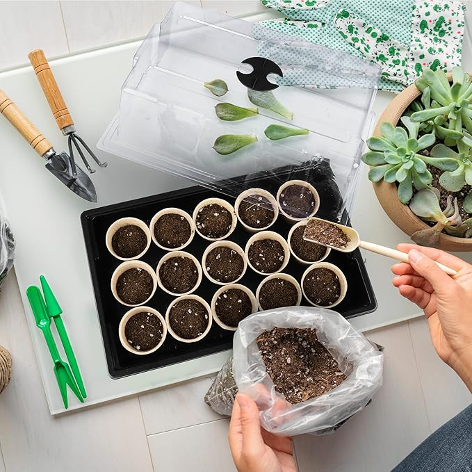 4 Pack Seed Starter Tray Set Plants Growing Trays Peat Pots for Seedlings with Seed Starter Pots, Plastic Germination Tray, Plant Labels, Tool for Flower Vegetable Planting, Black