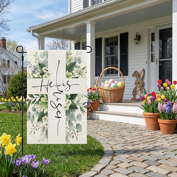 CROWNED BEAUTY Easter Garden Flag He is Risen 12x18 Inch Double Sided Floral Cross Holiday Decoration for Outdoor Lawn Yard