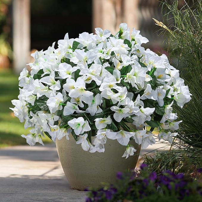 Artificial Bougainvillea Flowers for Outdoors Fake Plants, 4 Bundles White Fake Spring Flowers Silk UV Resistant Look Real Faux Flowers for Outdoor Planters Porch Patio Window Garden Outside Decor