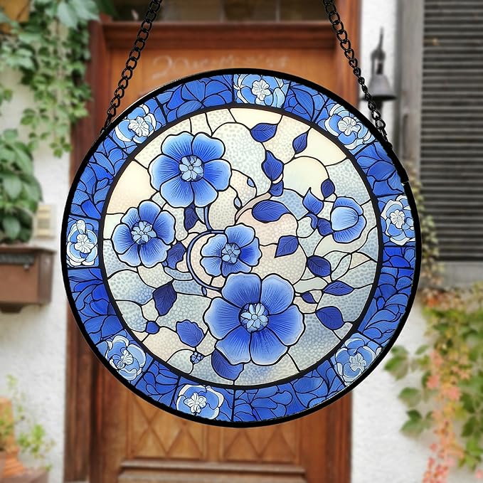 AMDERVEN Stained Glass Window Hanging, Blue and White Plum Blossom Sun Catcher for Door Home Decor Flowers Suncatcher Christmas Mother's Day Birthday Gifts for Women Men Mom and Nana 11.8 in