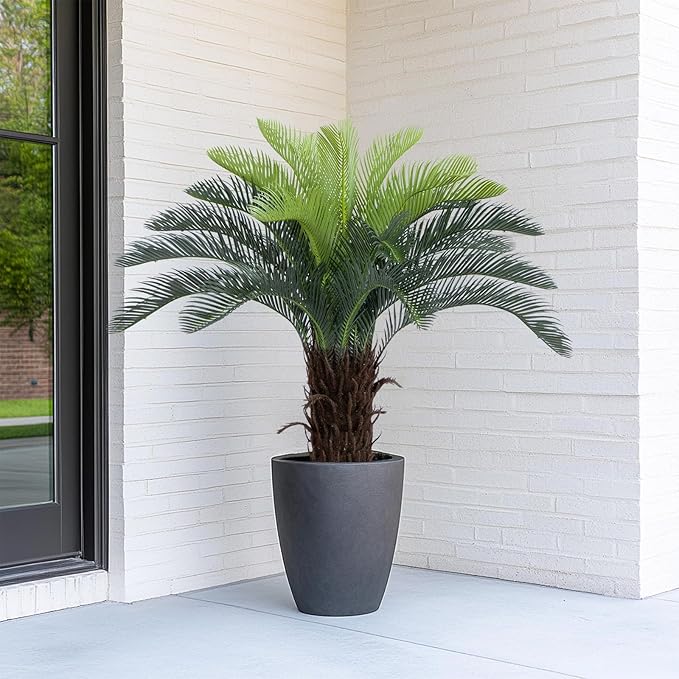 Bellacat 3ft UV Resistant Faux Sago Palm Tree with Natural & Lifelike Bark, 35in Super Full Artificial Cycad Tree with Realistic Leaves, for Home Office Patio Porch Front Door Decor.
