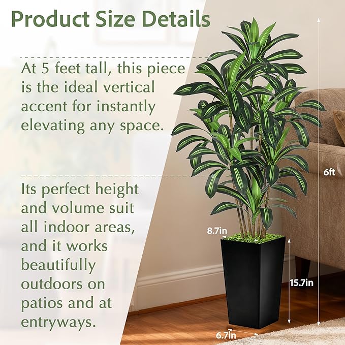 Realistic Artificial Indoor Plant Tree - Tall Fake Dracaena Potted Plant for Home Office Decor, Living Room & Bedroom - Lifelike Faux Plant Tree with Pot-Palm Tree (Black, 6FT)