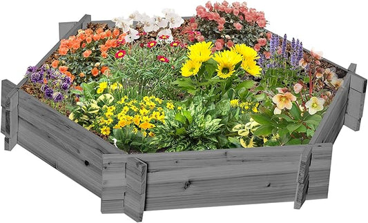Outsunny Wooden Raised Garden Bed, Hexagon Screwless Outdoor Planter Box Plants, Vegetables, Flowers, Herbs, 39" x 36" x 6", Gray