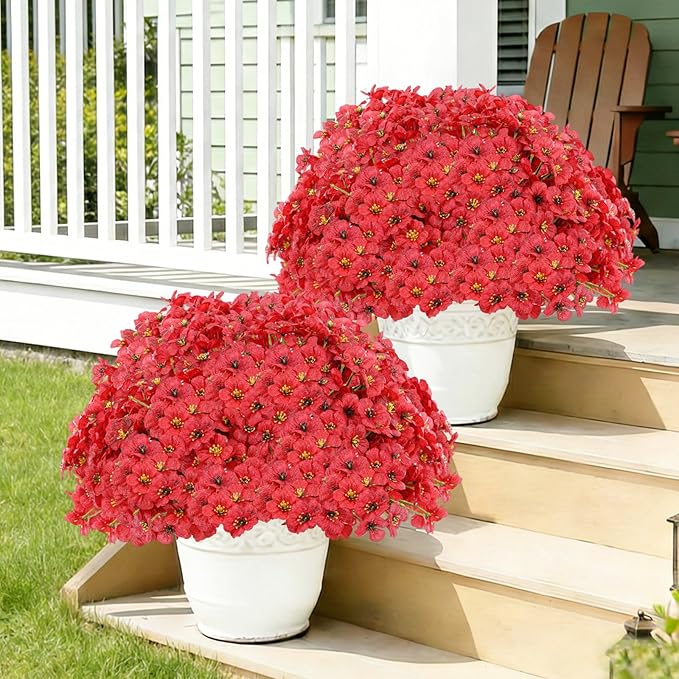 22 Pack Artificial Flowers Outdoor, Faux Flowers UV Resistant with Plastic Plants, Faux Silk Flowers for Outdoors Outside Front Porch Hanging Planter Window Box Garden Decoration(Red)