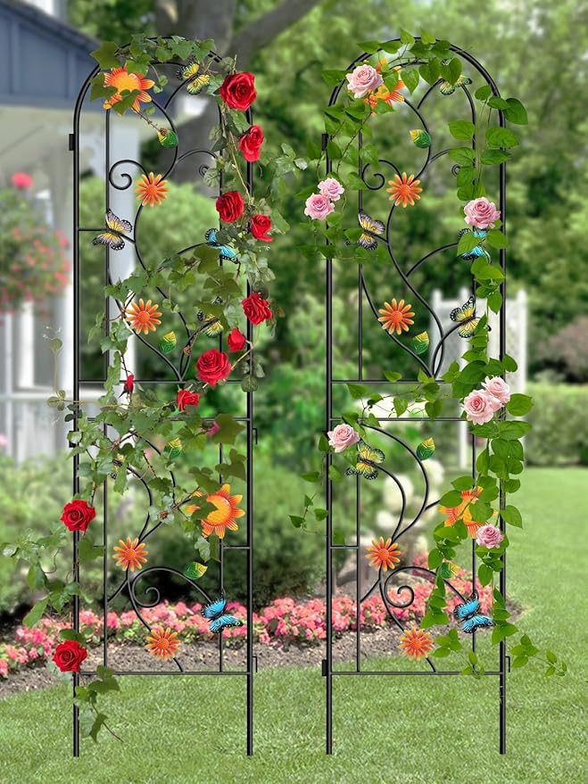 87 Inch Metal Garden Trellis for Climbing Plants, Kalolary 4 Pack Colorful Butterfly Plant Trellis Support Decoration Arched Fence Trellis Outdoor for Patio Lawn Garden Yard Backyard Wall
