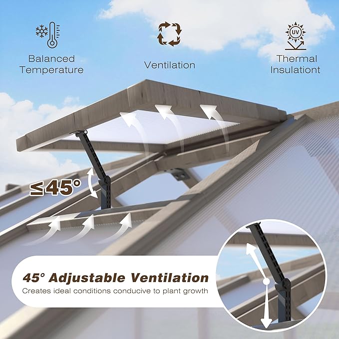 8x10 FT Greenhouse Kit with 6MM Thick Polycarbonate Panel for Outdoor, Wooden Walk-in Green House with Adjustable Roof Vent and Lockable Door, Backyard, Garden, Light Mocha Brown