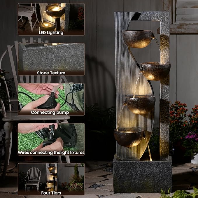 Outdoor Waterfall Fountain 5 Tier Tall Design 49.2 Inch Water Fountain with LED Lights and Pump Decorative Water Feature for Garden Patio Backyard
