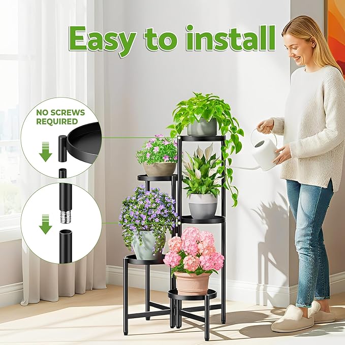 NQW Tall Plant Stand Indoor Outdoor, Corner Metal Flower Pot Stands for Multiple Plants, 5 Tier Heavy Duty Plant Shelf for Patio Garden Balcony Living Room Bedroom - BlackDisk