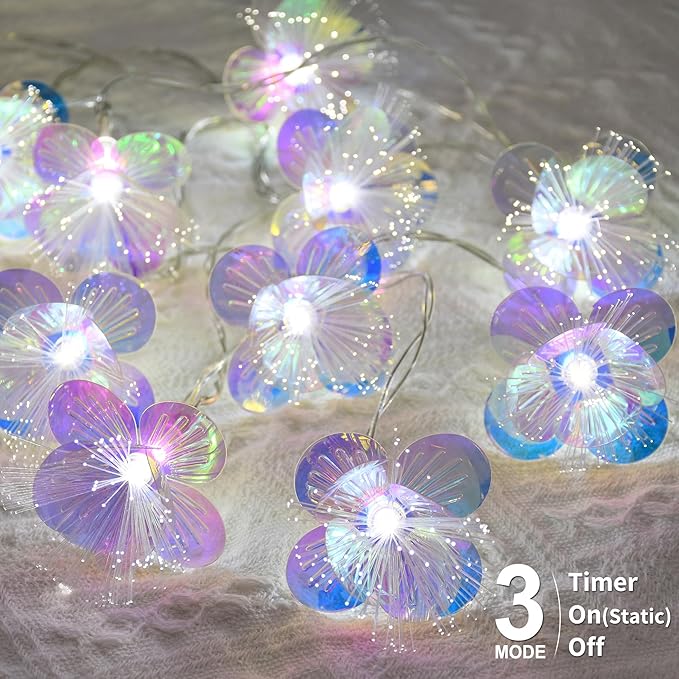YOLIGHT Fiber Optic Flower String Lights Battery Operated with Timer, 6.5ft 10 LED Flower Garland Lights Fairy Lights for Room Table Wedding Christmas Easter Décor (White)