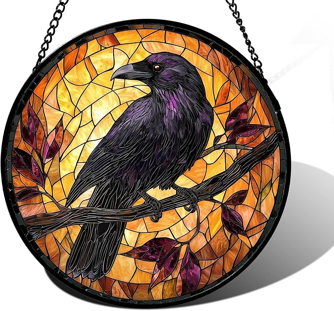 DASTOLL Stained Glass Window Hanging - Crow on a Branch Suncatcher Ready to Hang Window Doors Home Decoration and Christmas, Mother's Day Birthday Gifts for Women, Men, and Mom 6.3x6.3 in