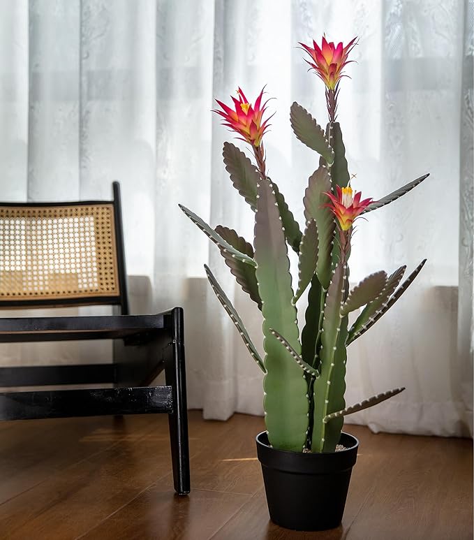 SUNPRAIRIE 33 Inch Large Artificial Cactus with Magenta Flowers in Pot with Natural Gravel. Satin Finish Leaves with Real Look and Feel. Outdoor and Indoor Faux Plants.